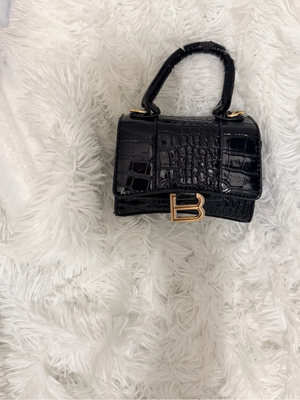 Black Croc-Texture Mini Top-Handle Bag with Gold 'B' Accent